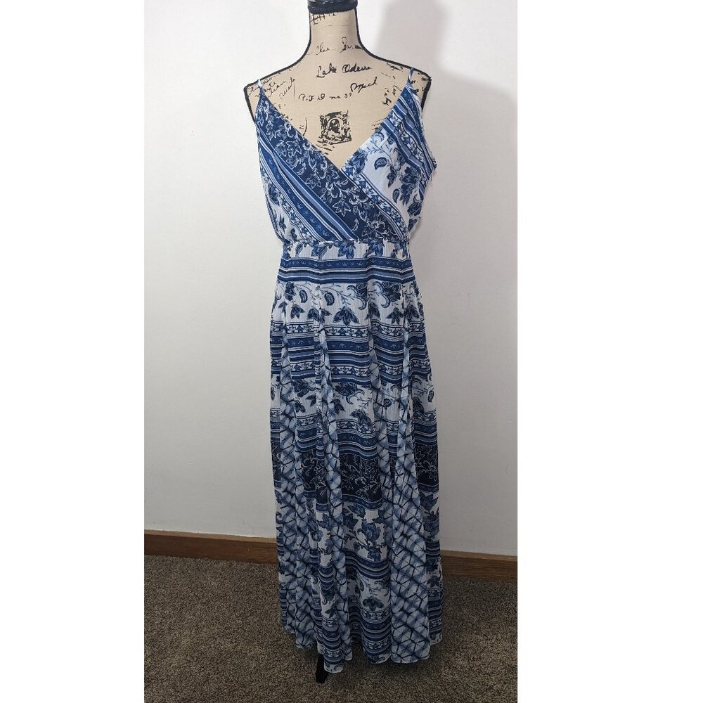 INC International Concepts Printed A-Line Blue Maxi Dress Spaghetti Straps 12